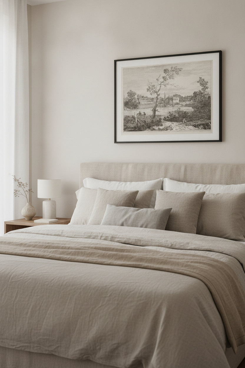 View of a Town on a River Bank — framed art in a styled interior