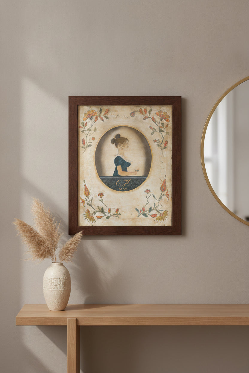 Woman Holding a Rose — framed art in a styled interior