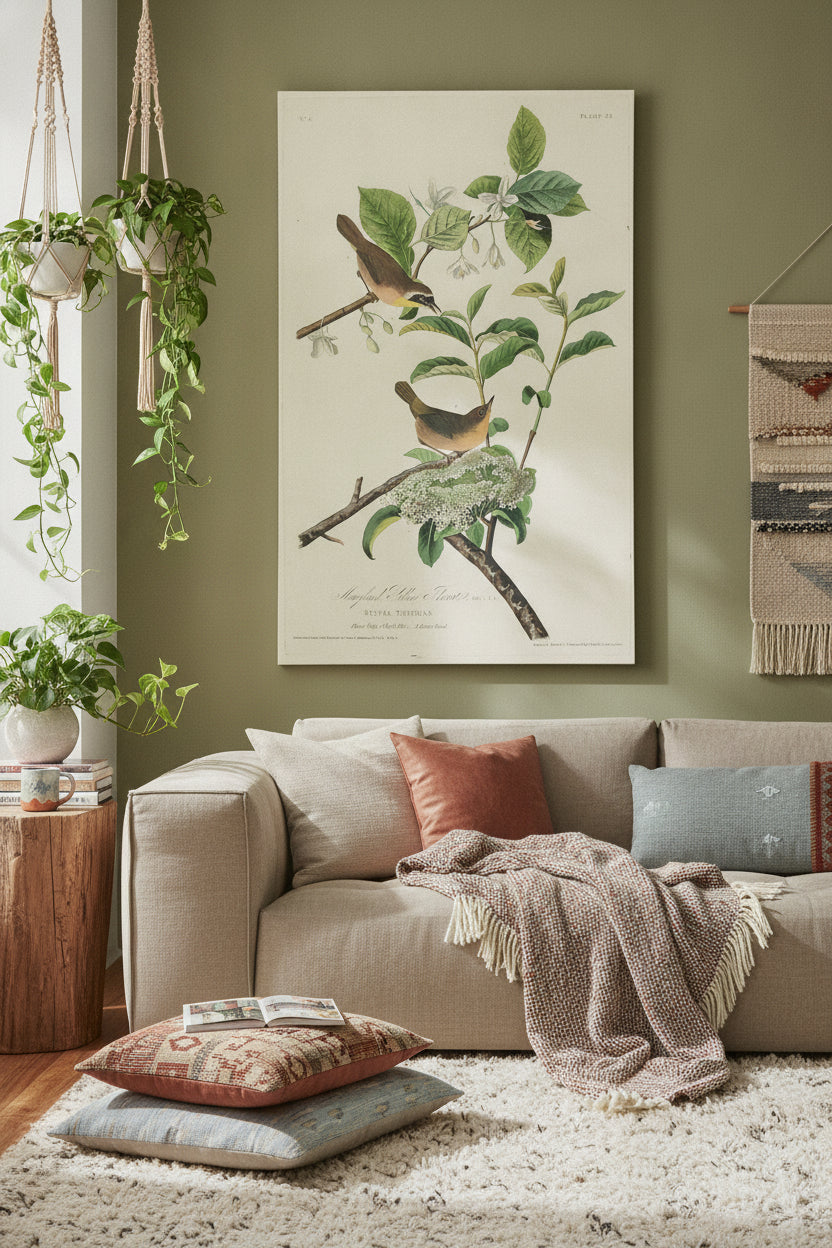 Maryland Yellow Throat — framed art in a styled interior