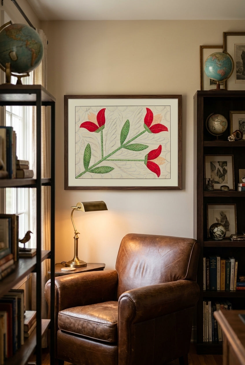 Quilt - Appliqued in Bellflower Design — framed art in a styled interior