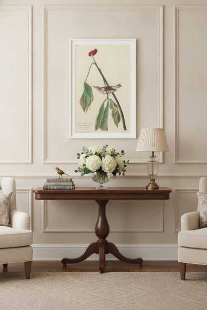 Louisiana Water Thrush — framed art in a styled interior