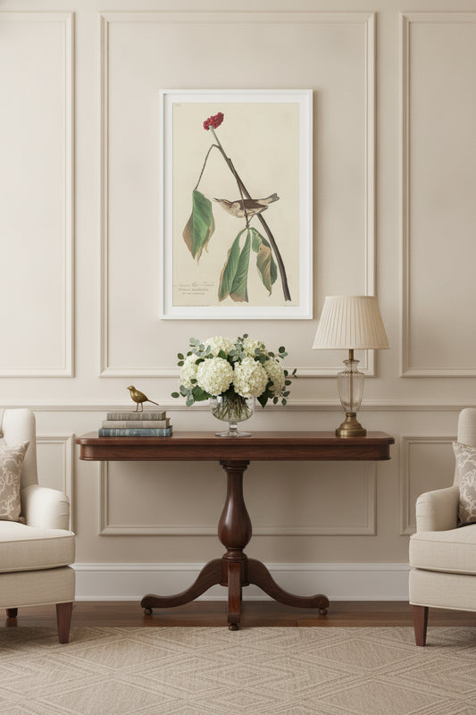 Louisiana Water Thrush — framed art in a styled interior