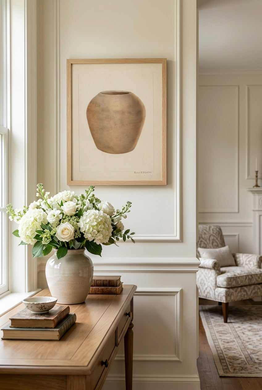 Stoneware Flower Pot — framed art in a styled interior