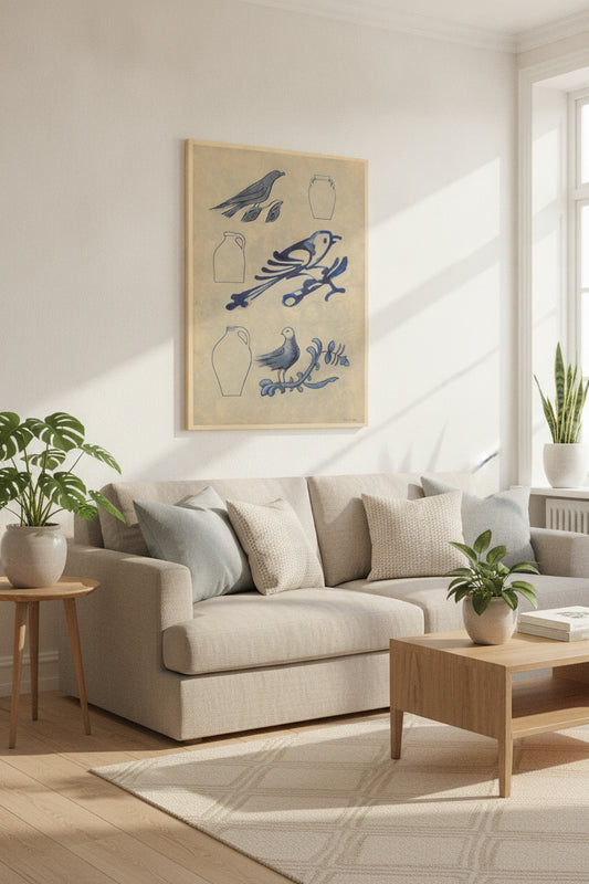 Bird Decorations on Stoneware Crock — framed art in a styled interior