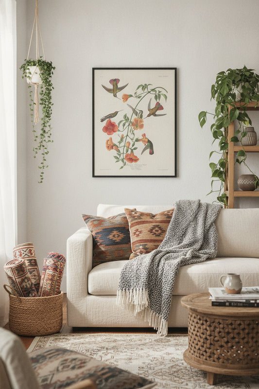 Mangrove Humming Bird — framed art in a styled interior