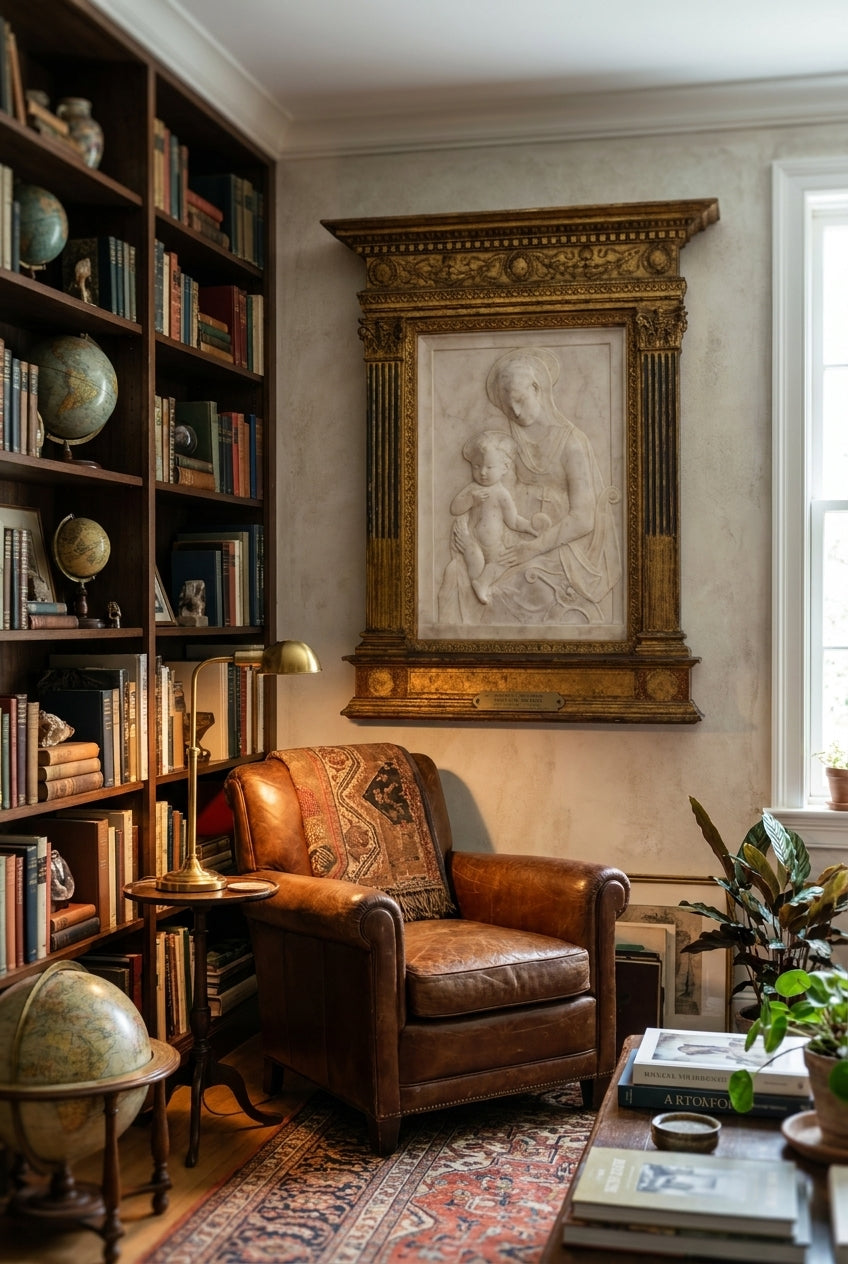 Madonna and Child — framed art in a styled interior
