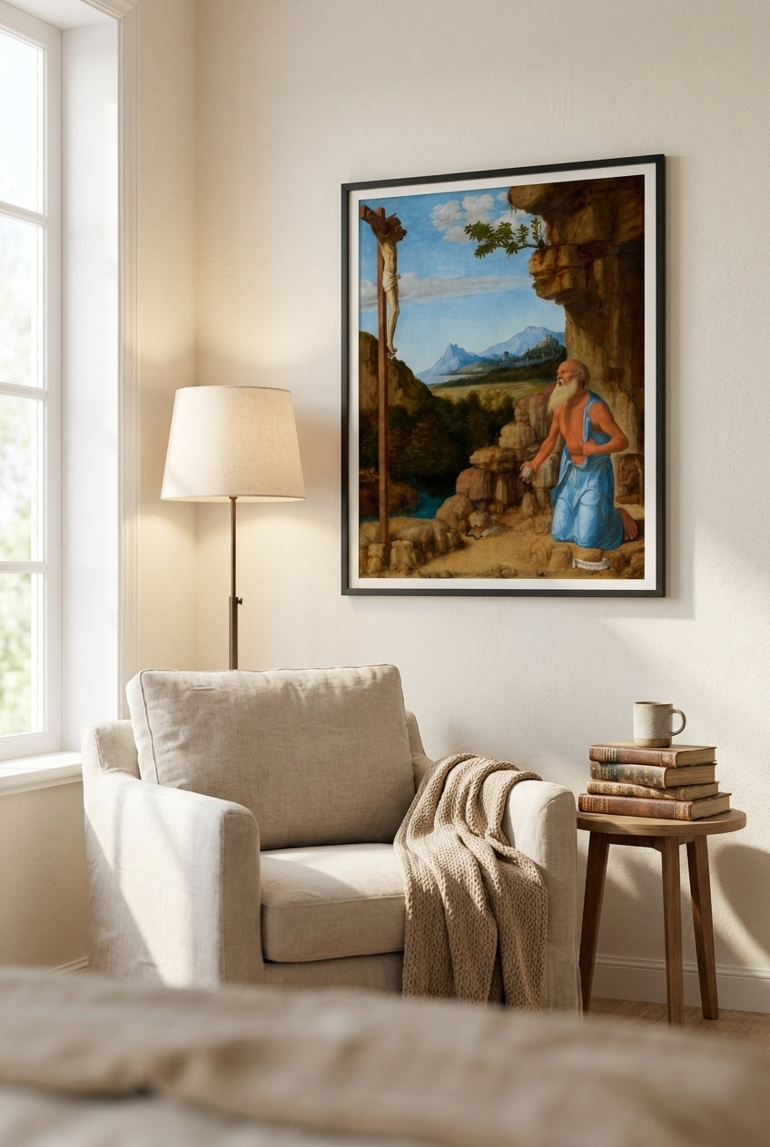 Saint Jerome in the Wilderness — framed art in a styled interior