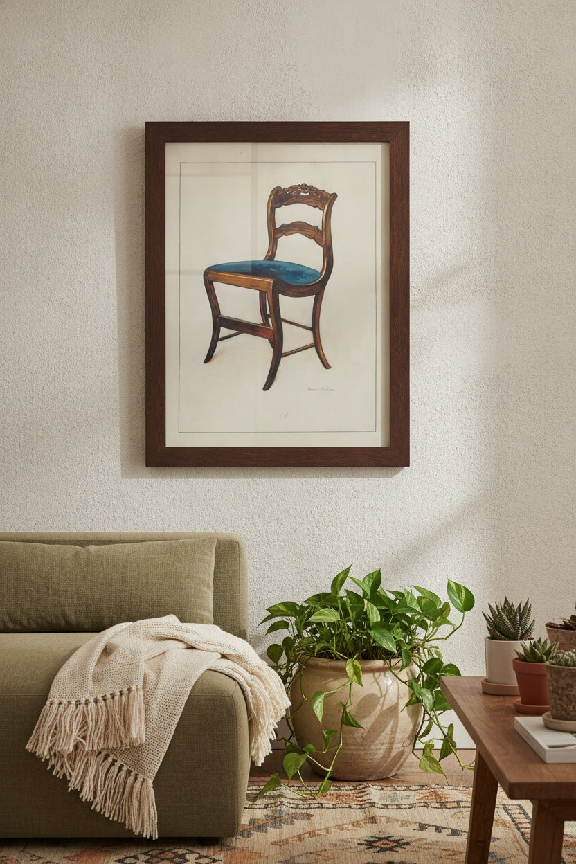 Mahogany Chair with Card Rose Design on UpperWrung — framed art in a styled interior