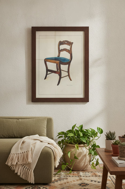 Mahogany Chair with Card Rose Design on UpperWrung — framed art in a styled interior