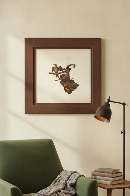 Carved Bird and Nest — framed art in a styled interior