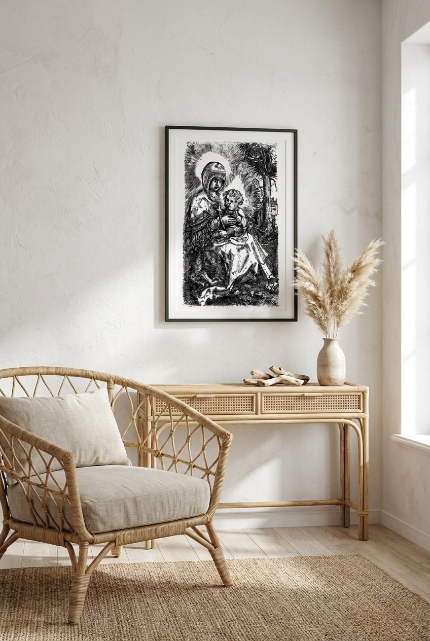The Beautiful Virgin of Regensburg Seated in a Landscape — framed art in a styled interior