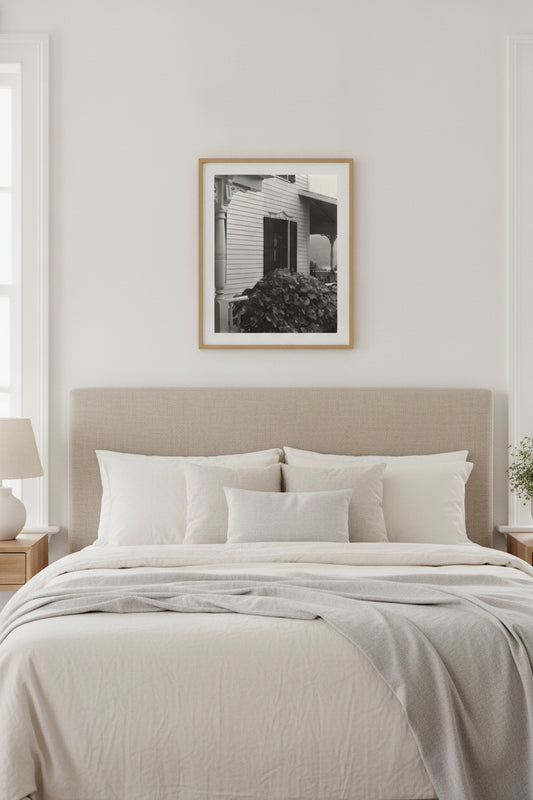 House and Grape Leaves — framed art in a styled interior