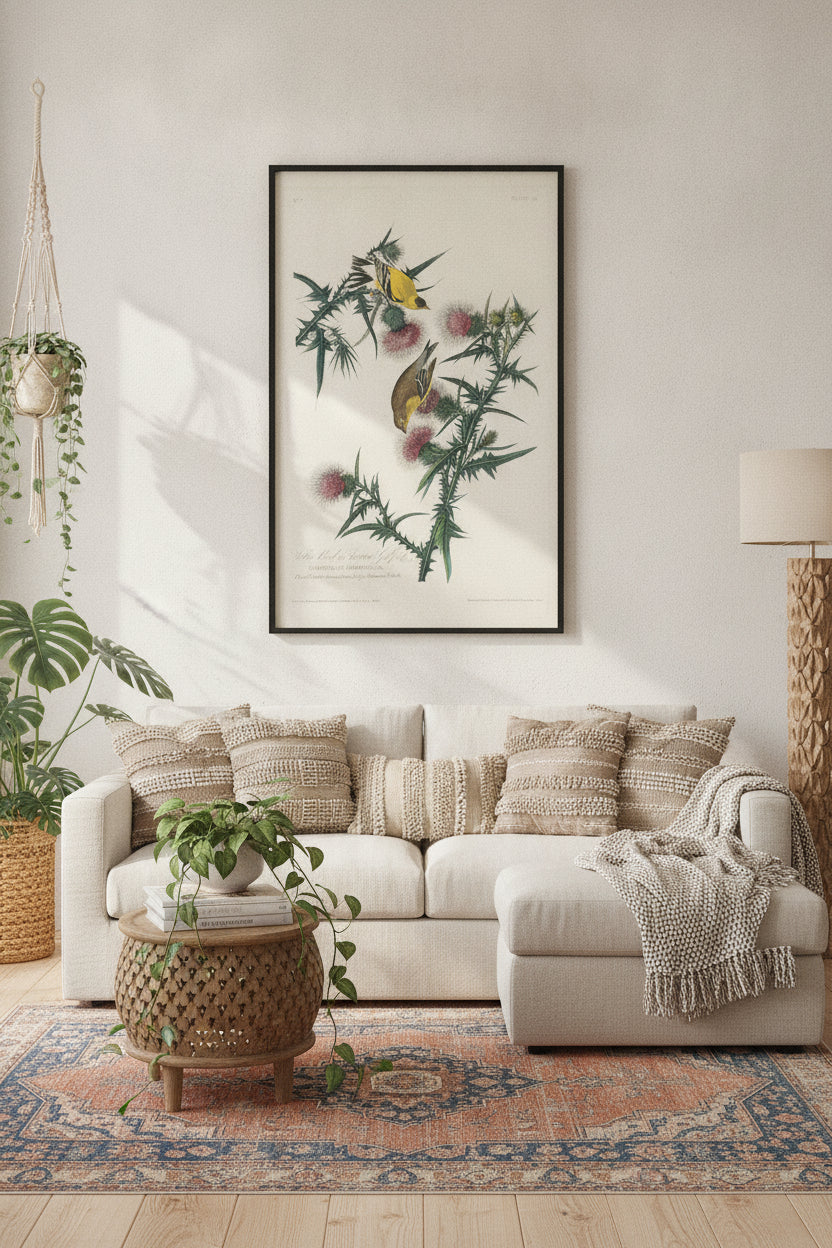 Yellow Bird or American Goldfinch — framed art in a styled interior