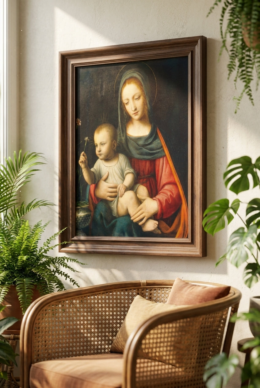 The Madonna of the Carnation — framed art in a styled interior