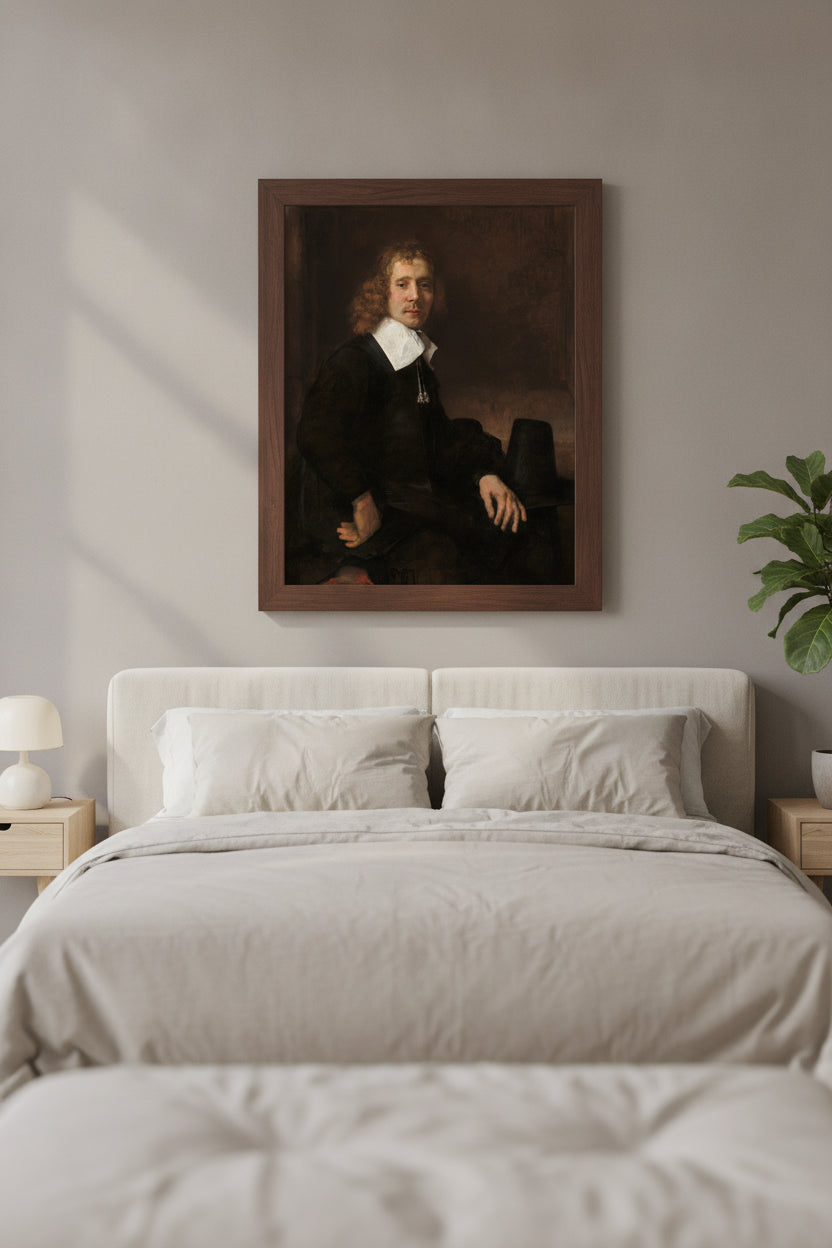 A Young Man Seated at a Table (possibly Govaert Flinck) — framed art in a styled interior