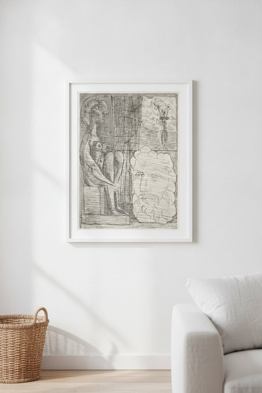 Sculptures Representing Marie-Thérèse and the Head of the Sculptor, with a Vase of Three Flowers (Sculptures représentant Marie-Thérèse et la tête du sculpteur, avec le vase aux trois fleurs) — framed art in a styled interior