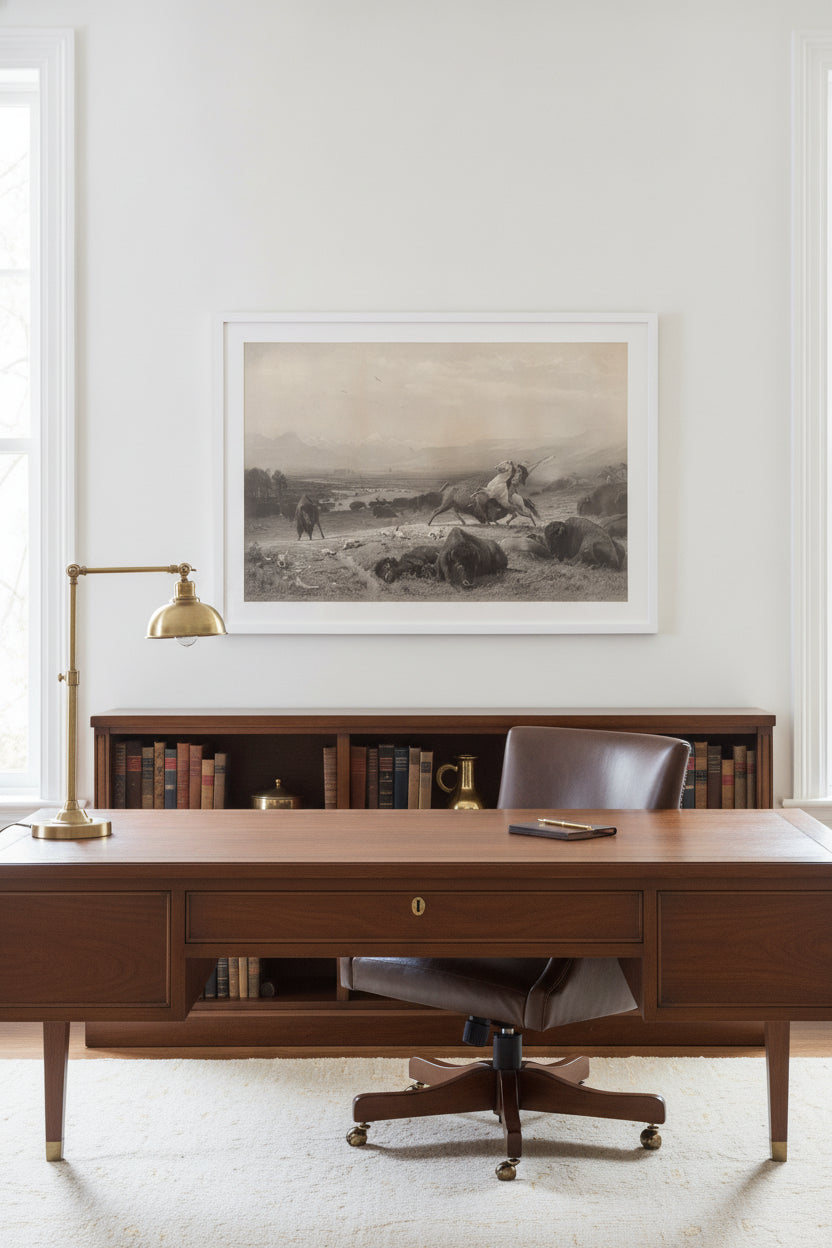 The Last of the Buffalo — framed art in a styled interior