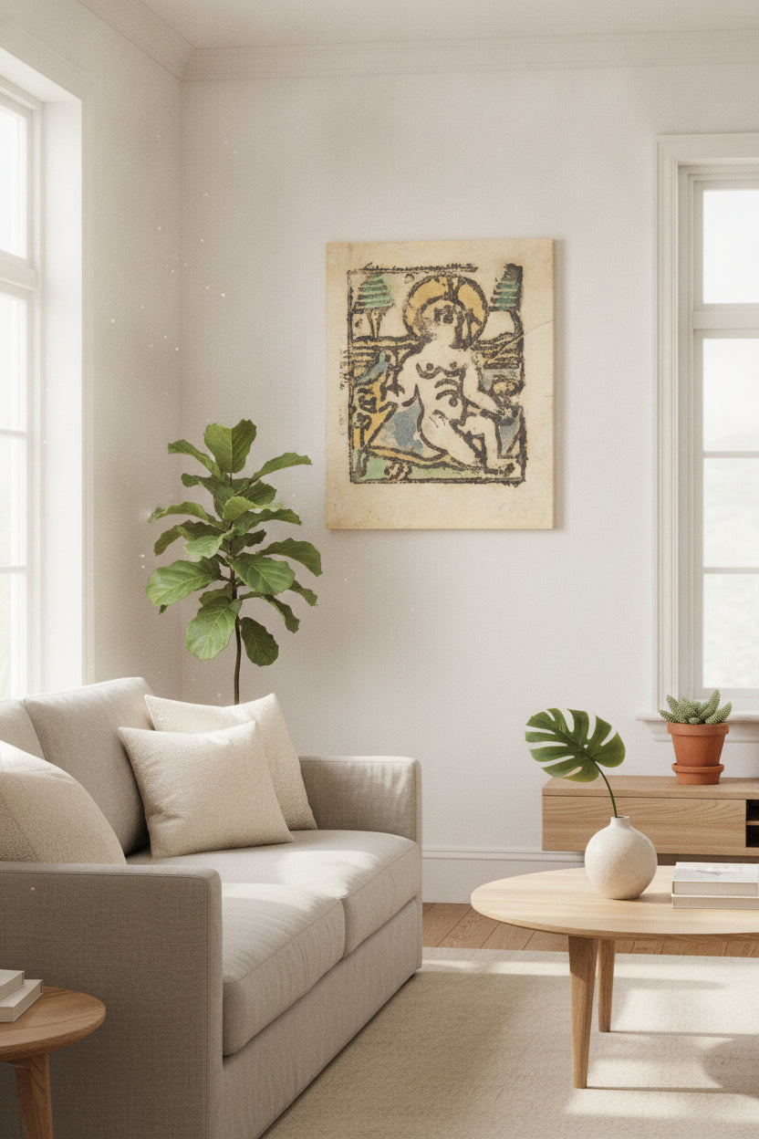 Christ Child with Bird — framed art in a styled interior