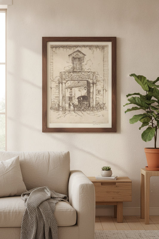 The Gate of the Flowered Lintel, Toledo — framed art in a styled interior