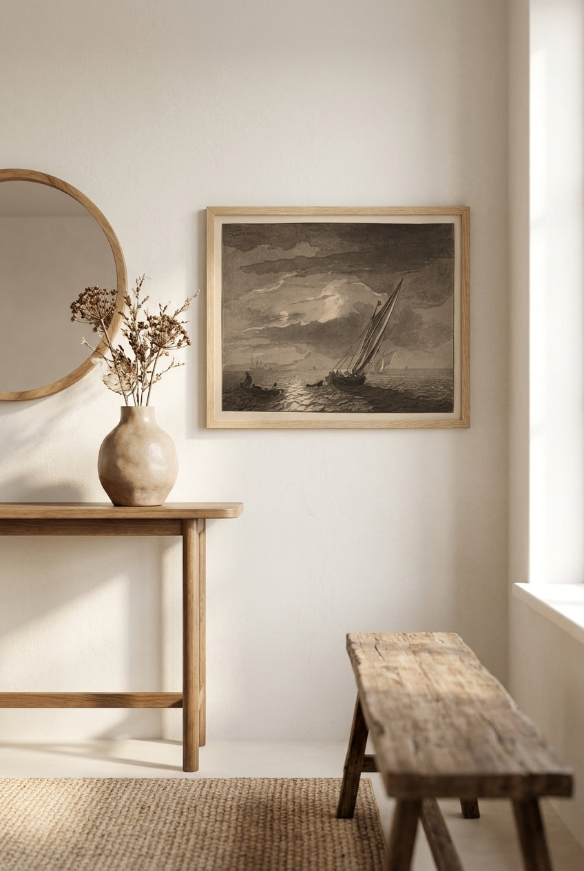 Seascape with Full Moon — framed art in a styled interior