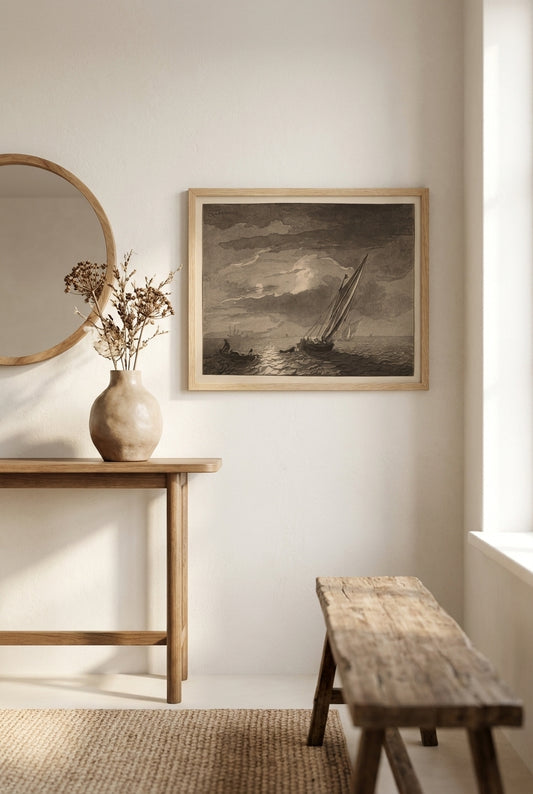 Seascape with Full Moon — framed art in a styled interior