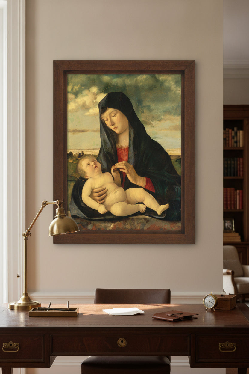 Madonna and Child in a Landscape — framed art in a styled interior
