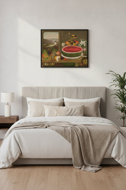 Fruit and Baltimore Oriole — framed art in a styled interior