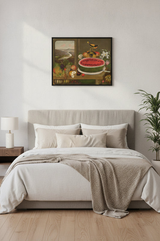 Fruit and Baltimore Oriole — framed art in a styled interior
