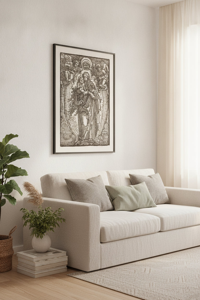 The Virgin and Child on a Crescent — framed art in a styled interior