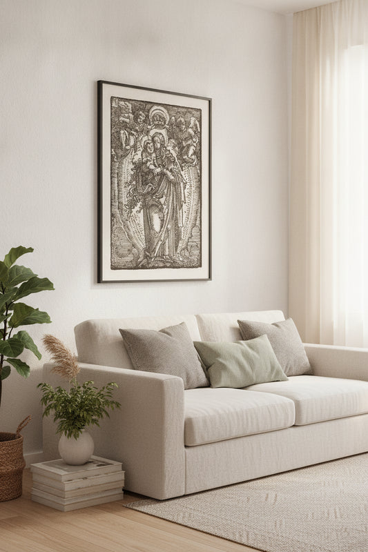 The Virgin and Child on a Crescent — framed art in a styled interior
