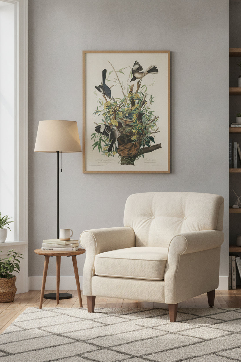 The Mocking Bird — framed art in a styled interior