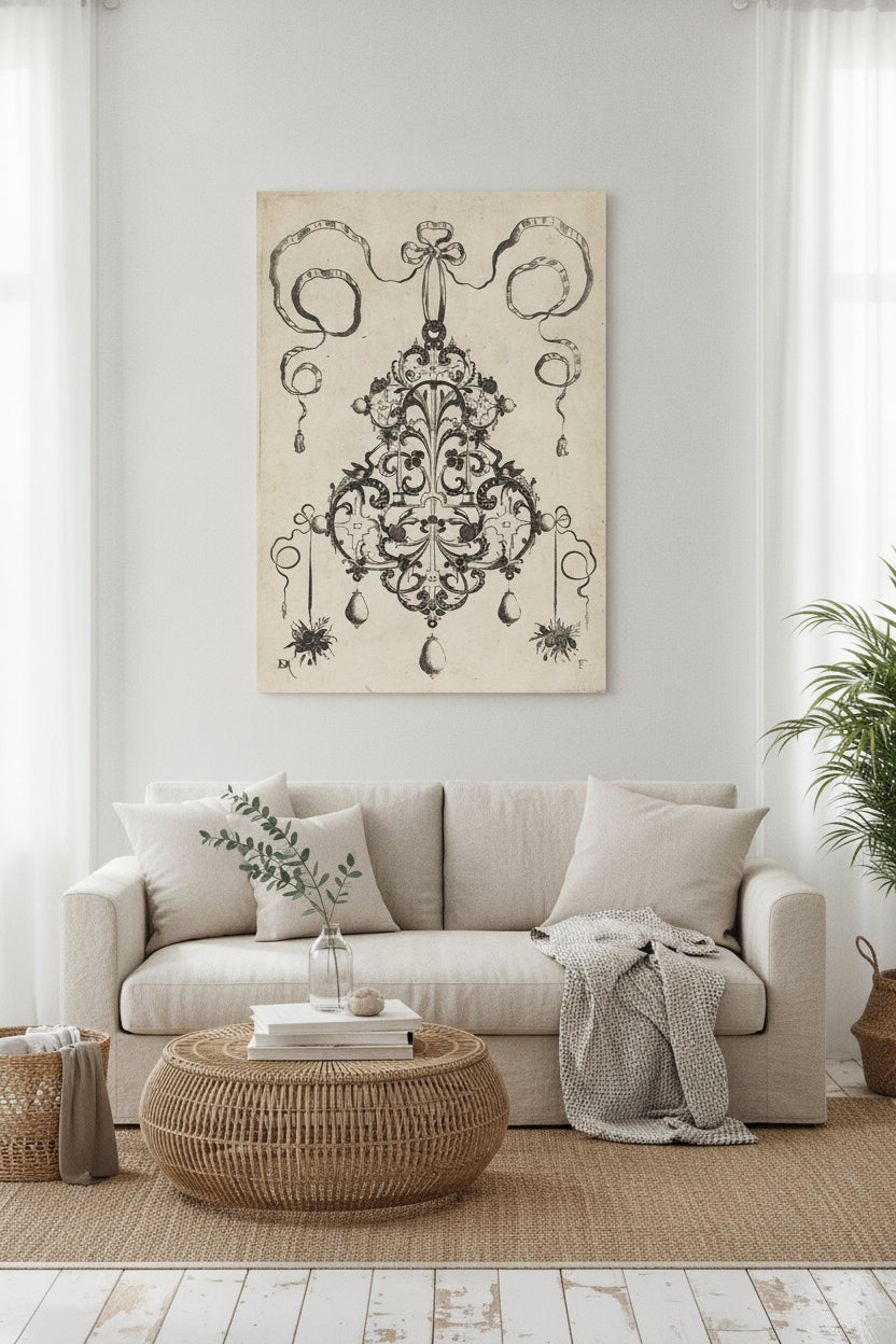 Large Pendant, Lower Left and Right Two Bunches of Grass and Fruit — framed art in a styled interior