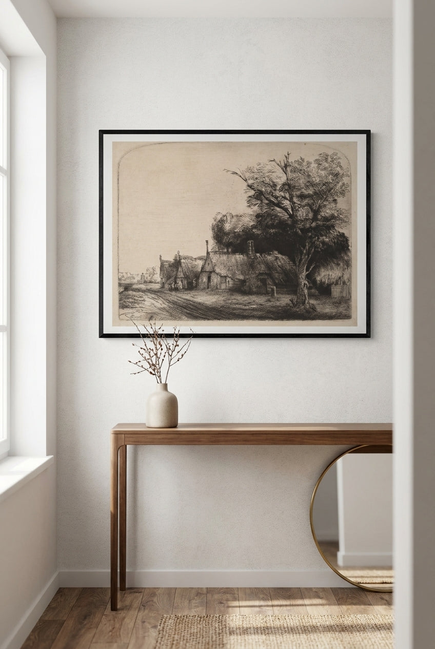 Landscape with Three Gabled Cottages beside a Road — framed art in a styled interior