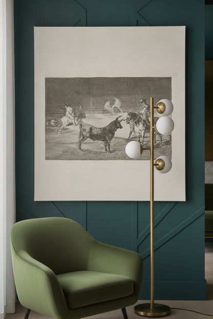 El celebre Fernando del Toro, barilarguero, obligando a la fiera con su garrocha (The celebrated Picador, Fernando del Toro, Draws the Fierce Beast on with His Pique) — framed art in a styled interior