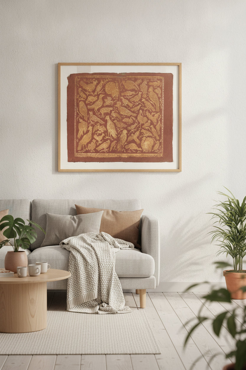 Endpaper with Birds — framed art in a styled interior