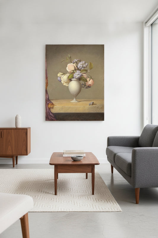Roses and Heliotrope in a Vase on a Marble Tabletop — framed art in a styled interior
