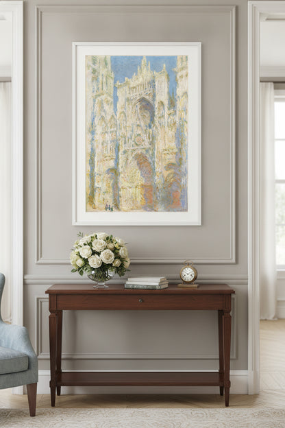 Rouen Cathedral, West Façade, Sunlight — framed art in a styled interior