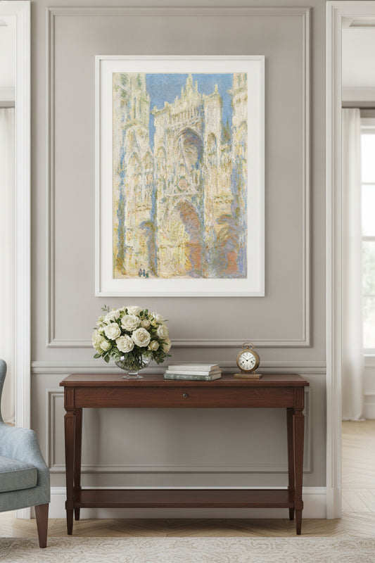 Rouen Cathedral, West Façade, Sunlight — framed art in a styled interior
