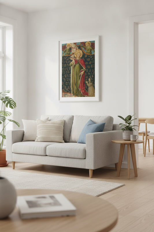 Saint Ursula with Two Angels and Donor — framed art in a styled interior