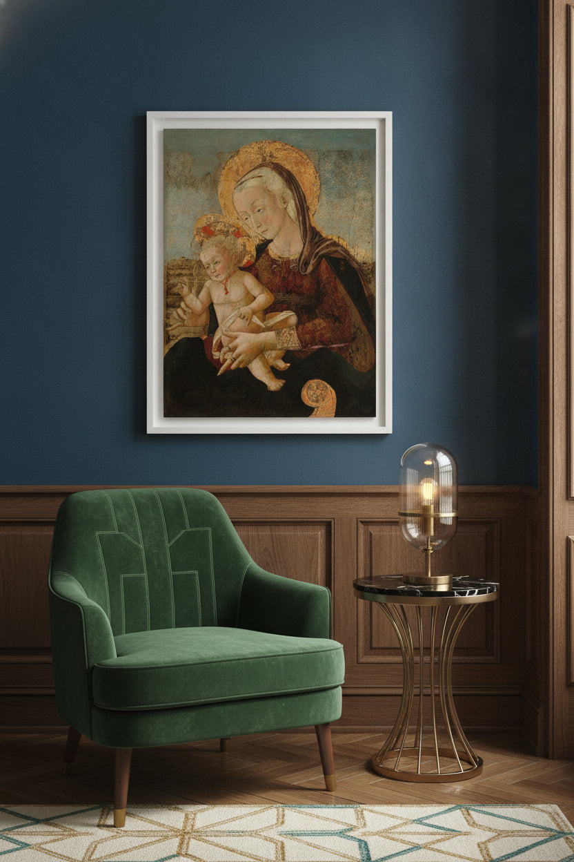 Madonna and Child — framed art in a styled interior