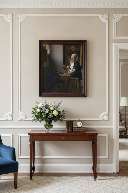 Woman Holding a Balance — framed art in a styled interior