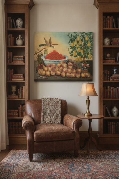 Still Life: Fruit, Bird, and Dwarf Pear Tree — framed art in a styled interior