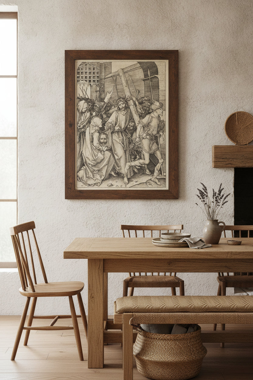 The Bearing of the Cross with Saint Veronica — framed art in a styled interior