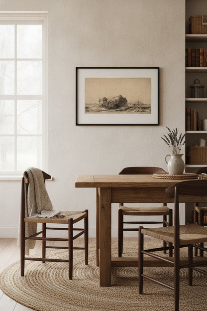 Landscape with a Cottage and Hay Barn: Oblong — framed art in a styled interior