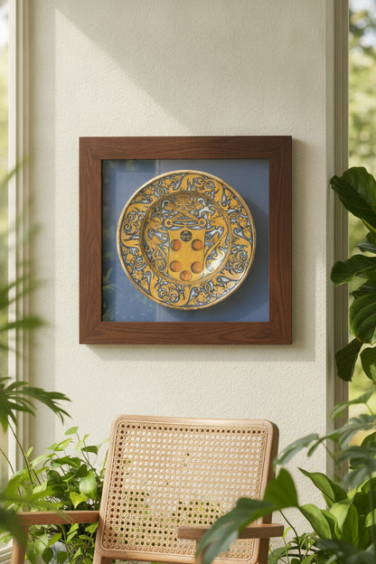 Large dish with plant-pattern border; in the center, the arms of a Medici pope — framed art in a styled interior