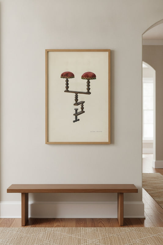 Twin Sewing Bird — framed art in a styled interior