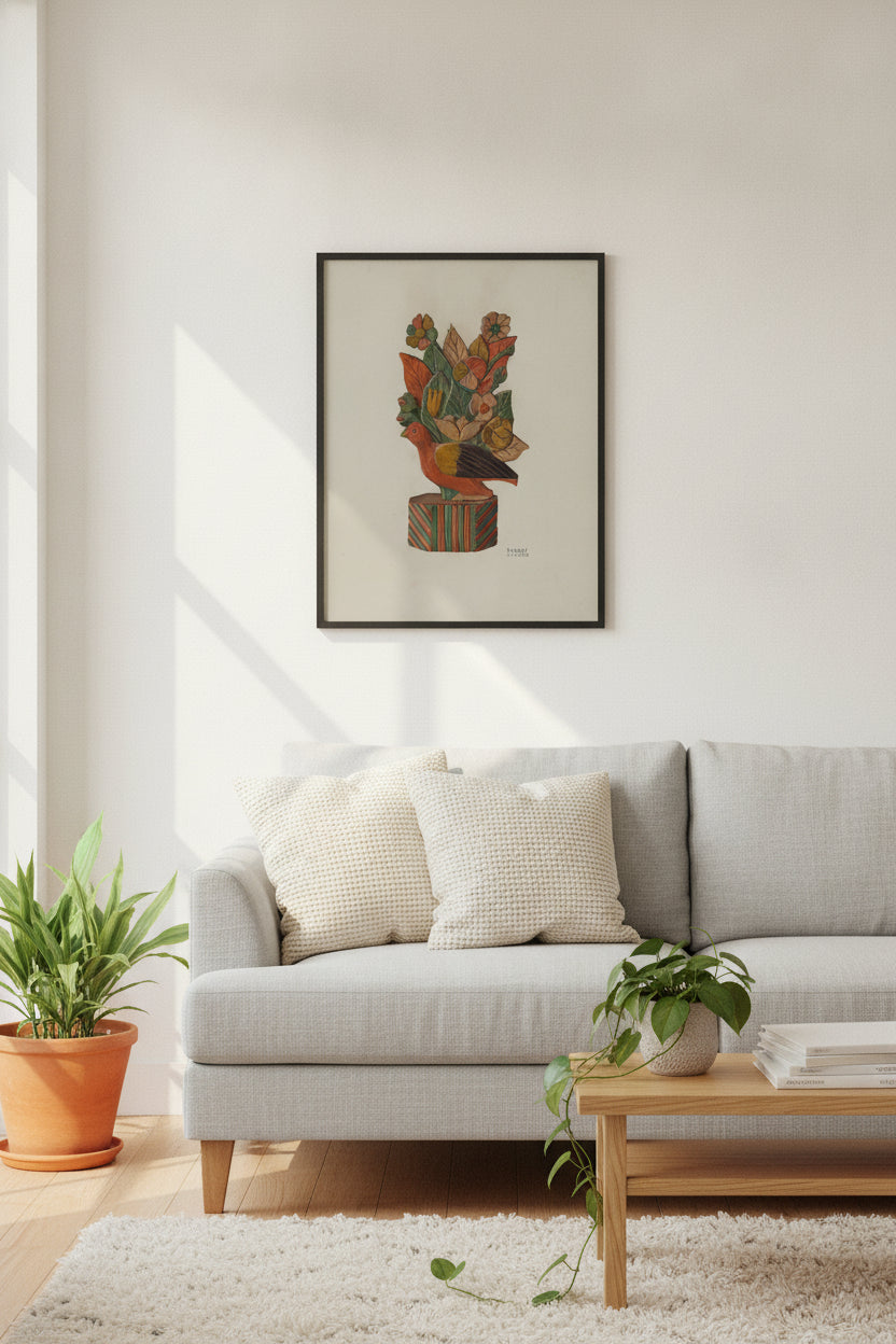 Pa. German Bird — framed art in a styled interior