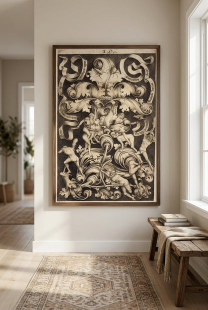 Ornament with Flower and Eight Wild Folk — framed art in a styled interior