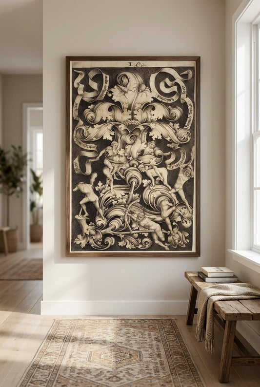 Ornament with Flower and Eight Wild Folk — framed art in a styled interior