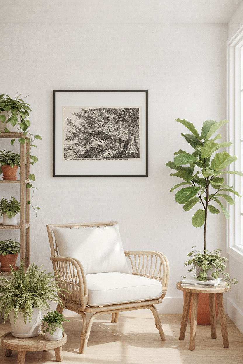 Landscape with Deer under Trees — framed art in a styled interior
